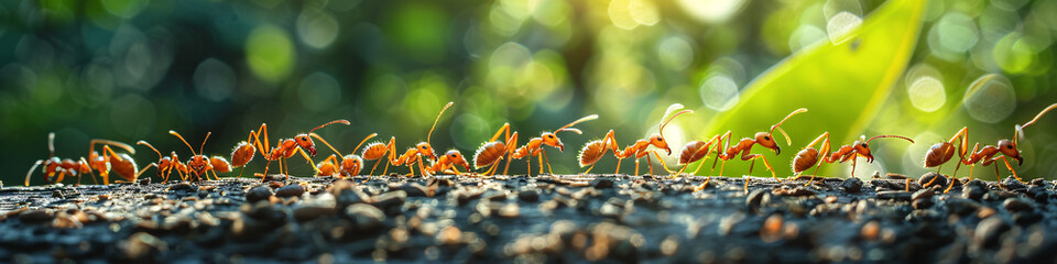 Fila de hormigas transportando comida