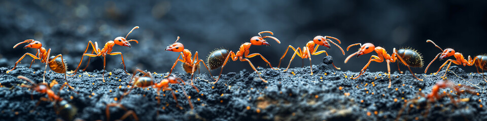 Fila de hormigas transportando comida
