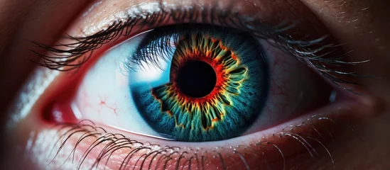 Foto op Plexiglas Closeup photograph of a womans brown eye with an electric blue iris and a red pupil, showcasing intricate eyelashes and an intense facial expression © 2rogan