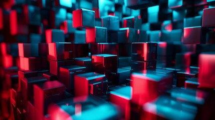 Una superficie formada por cubos de diferentes tonos rojos y azules, ambiente tecnológico