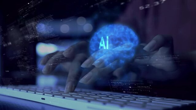 business woman uses brain AI artificial intelligence brain on big data matrix Animation Big Data Processing, Science, Generative technology, commands, prompts