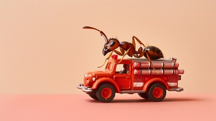 Industrious Ant Driving Mini Fire Truck on Soft Peach Backdrop