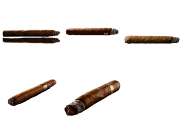 Zelfklevend Fotobehang Cigars - blunt variety pack burning with tobacco leaf and ash © Brian