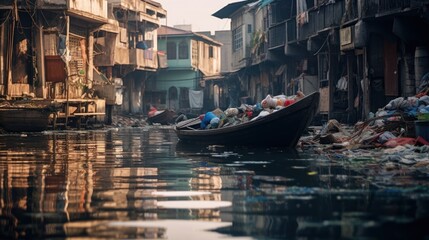 The garbage in the canal of the bustling city, which has buildings on both sides - obrazy, fototapety, plakaty