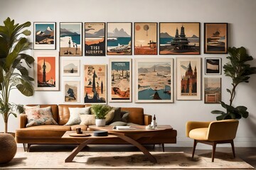 A minimalist living room with a wall mockup showcasing a curated collection of vintage travel posters, creating a sophisticated and cultured atmosphere. - obrazy, fototapety, plakaty
