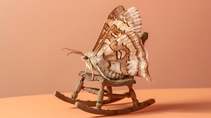 Captivating Moth Perched on Miniature Rocking Chair Against Soft Coral Backdrop