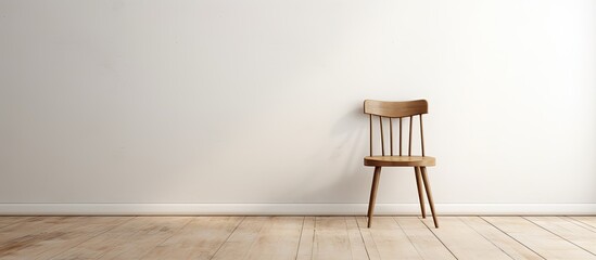 Close up shot of a solitary wooden chair placed against a clean white wall in a minimalist setting - obrazy, fototapety, plakaty