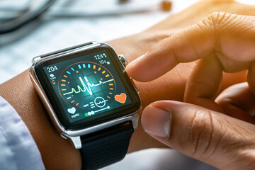 Close-up landscape businessman is wearing a smartwatch gadget and using a smartphone device. A person touches and uses a screen application from Narika to measure his heart rate.