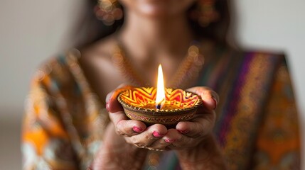 The image is a portrait of a woman holding a diya, a traditional oil lamp, during the Diwali or - obrazy, fototapety, plakaty