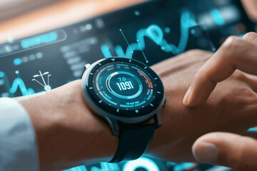 Fototapeta premium Close-up landscape businessman is wearing a smartwatch gadget and using a smartphone device. A person touches and uses a screen application from Narika to measure his heart rate.