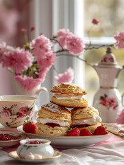 Breakfast tea served with freshly baked scones, clotted cream, and strawberry jam in nice and warm places, lovely cups of tea
