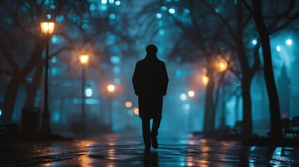 Silhouette of man go through city park at night. Mysterious person walks at dusk. Urban lighting. Foggy weather, mystical atmosphere. Lonely man returns home late at night. Overtime, working late. - obrazy, fototapety, plakaty