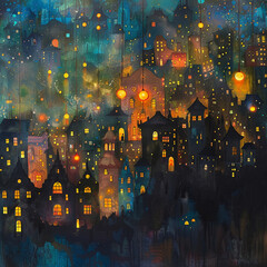 Whimsical cityscape at dusk with glowing lights  - obrazy, fototapety, plakaty