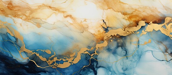 A detailed closeup of a mesmerizing blue and gold marble painting, resembling a natural landscape with hints of water, sky, and cumulus clouds - obrazy, fototapety, plakaty