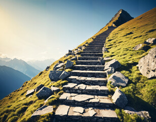 A mountain peak reached by climbing stairs, symbolizing the journey of achieving success in business