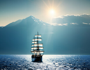 A ship sailing towards new horizons, symbolizing exploration and risk-taking in entrepreneurial endeavors