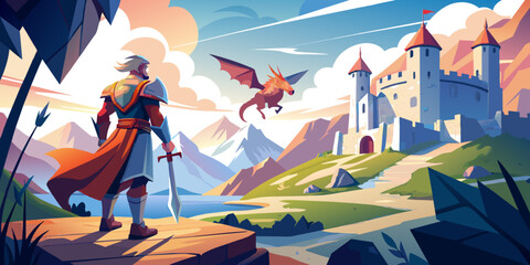 Fototapeta premium Heroic Adventure: Knight's Quest to Save Princess from Dragon's Fantasy Land