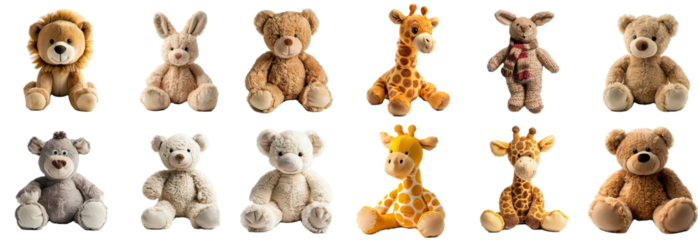 Stuffed animal collection - plush dolls soft and cuddly on transparent png background