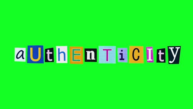 Authenticity word compiled from cut letters moving on green screen in stop motion. Concept of trustworthiness and reliability. Sense of realness and sincerity in the realm of politics and elections