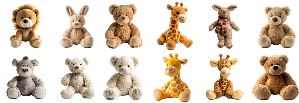 Stuffed animal collection - plush dolls soft and cuddly on transparent png background