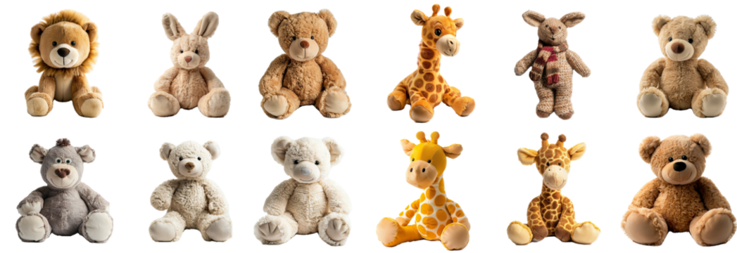 Stuffed animal collection - plush dolls soft and cuddly on transparent png background