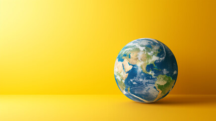 3D globe, sunny daisy field on yellow background. Symbolic idea for World Environment Day with copy space.