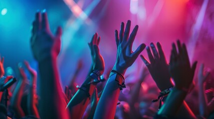 Vibrant Hands of Music Enthusiasts Sway and Clap in Unison, Illuminated by Colorful Stage Lights. Energetic and Joyful Concert Atmosphere Concept.