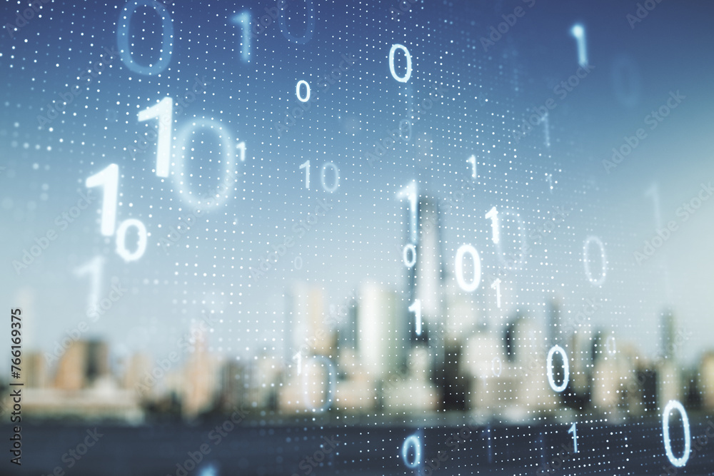 Leinwandbilder double exposure of abstract virtual binary code hologram on blurry cityscape background. database an