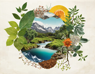 A mixed media collage incorporating elements of nature to symbolize the organic growth and interconnectedness of diverse businesses