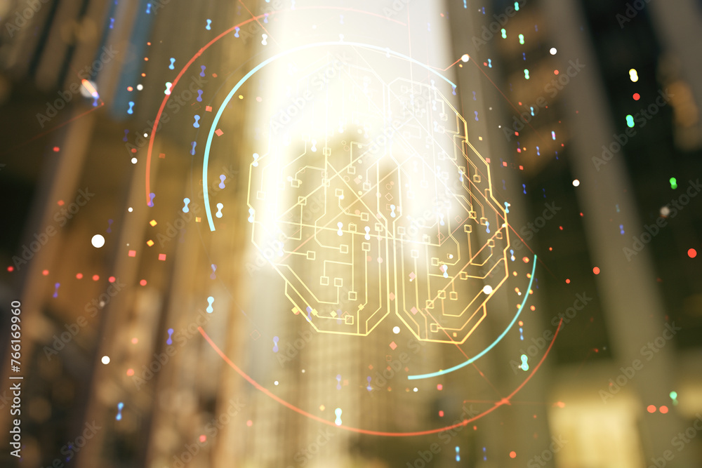 Aufkleber double exposure of creative artificial intelligence interface on modern skyscrapers background. neur