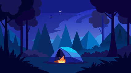 Discover the Enchantment A Blue Tent Amidst the Woods with a Campfire