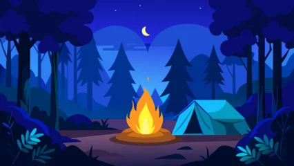 Fototapeten Discover the Enchantment A Blue Tent Amidst the Woods with a Campfire © mahira