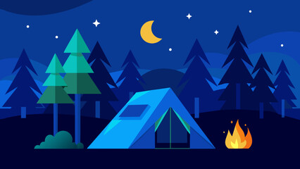 Discover the Enchantment A Blue Tent Amidst the Woods with a Campfire