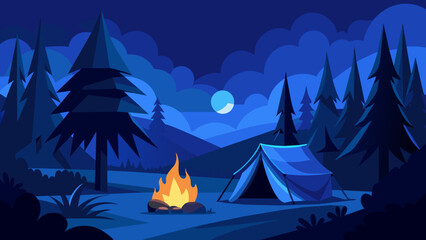 Discover the Enchantment A Blue Tent Amidst the Woods with a Campfire