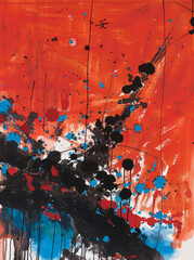 An abstract painting featuring bold strokes of red, blue, and black colors creating a dynamic and vibrant composition