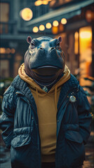 Fashionable hippopotamus graces city streets in tailored elegance, epitomizing street style. The realistic urban backdrop frames this large mammal, seamlessly merging aquatic allure with contemporary 