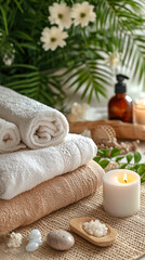Obraz na płótnie Canvas Luxurious Towels and Robes: Arrange plush and neatly folded towels and robes, showcasing the comfort and quality associated with spa experiences. Aromatherapy Diffuser