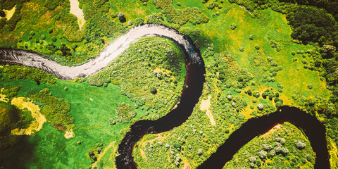 Aerial View Green Forest Woods And River Landscape In Sunny Spring Summer Day. Top View Of Beautiful European Nature From High Attitude In Autumn Season. Drone View. Bird's Eye View. - 766170380