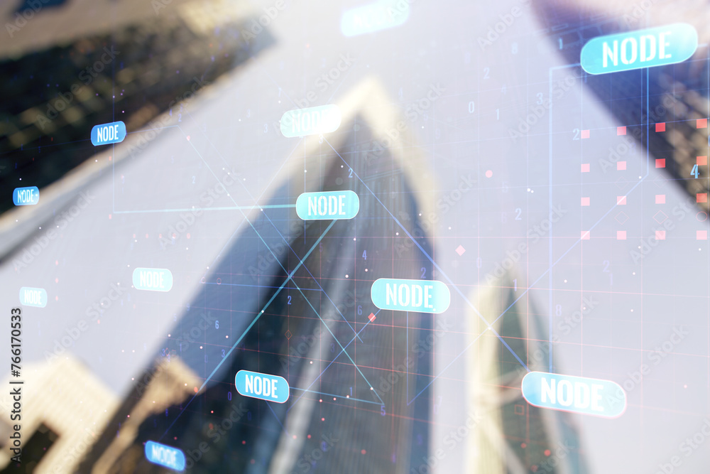 Poster abstract virtual coding illustration on modern architecture background, software development concept