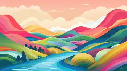Poster Simple rolling hills landscape in rainbow colors with a river flowing in between, flat illustration. © ribelco