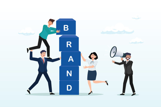 Business people help building block with the word BRAND, build branding or brand awareness, marketing or advertising for company reputation, strategy to promote product or sales strategy (Vector)