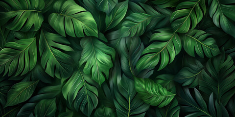 Close-up nature view of palm and monstera and fern leaves background. Lying down, gloomy nature concept, tropical leaves. leaf pattern wallpaper