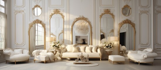 A room in the building with a couch, chairs, and mirrors. The flooring is composite material and the walls are decorated with art