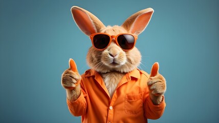 rabbit in a hat.Funny Easter animal pet: an isolated orange backdrop with an Easter bunny rabbit wearing sunglasses and giving a thumbs up. - obrazy, fototapety, plakaty