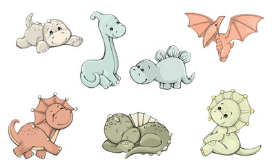dinosaurs, different colors, on an isolated background. Vector illustration of a fictional animal