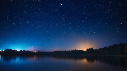 Real Colorful Night Stars Above Lepel Lake. Natural Starry Sky Background Backdrop Landscape. - 766170980