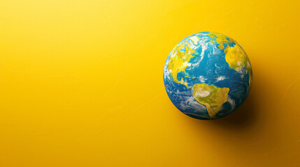 3D globe, sunny daisy field on yellow background. Symbolic idea for World Environment Day with copy space. - obrazy, fototapety, plakaty