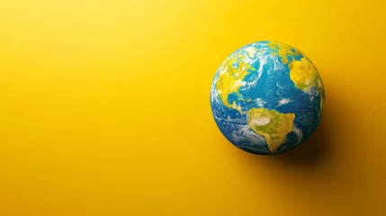 Fotobehang 3D globe, sunny daisy field on yellow background. Symbolic idea for World Environment Day with copy space. © atitaph