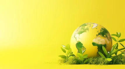Foto op Canvas 3D globe, sunny daisy field on yellow background. Symbolic idea for World Environment Day with copy space. © atitaph
