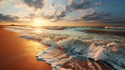 Sunlit waves on the yellow sand of a sunny beach along the North Sea illuminated by the light of a colorful sun and a blue cloudy sky in summer
